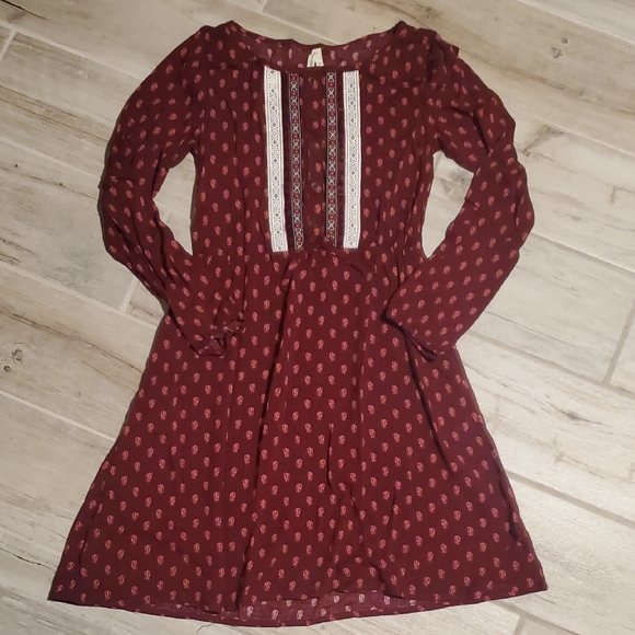 Love At First Sight Girls Burgundy Long Sleeve Dress Feathers Boho Bohemian 10 - Picture 1 of 4